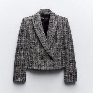 Zara Black & Gray Tweed Cropped Double-Breasted Blazer Jacket